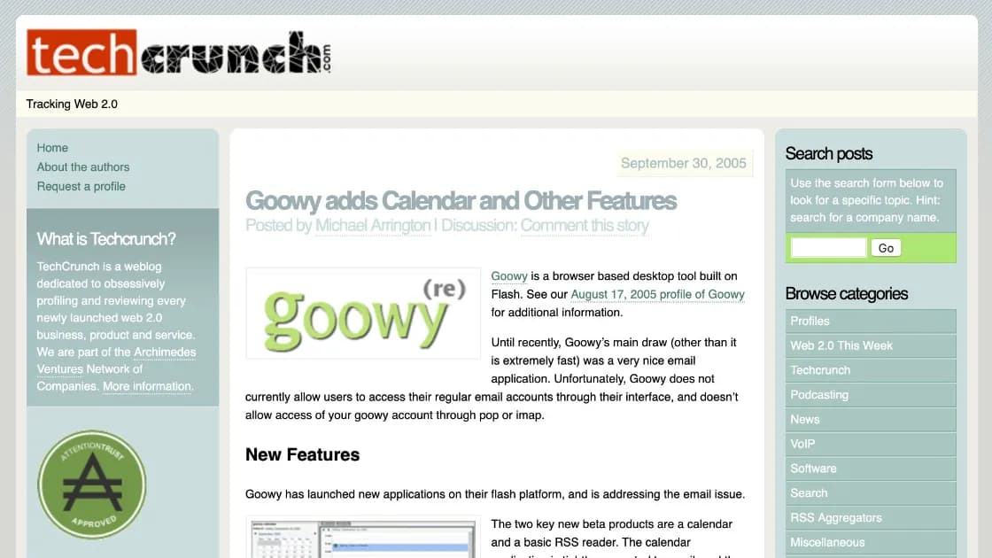 TechCrunch homepage at 2005