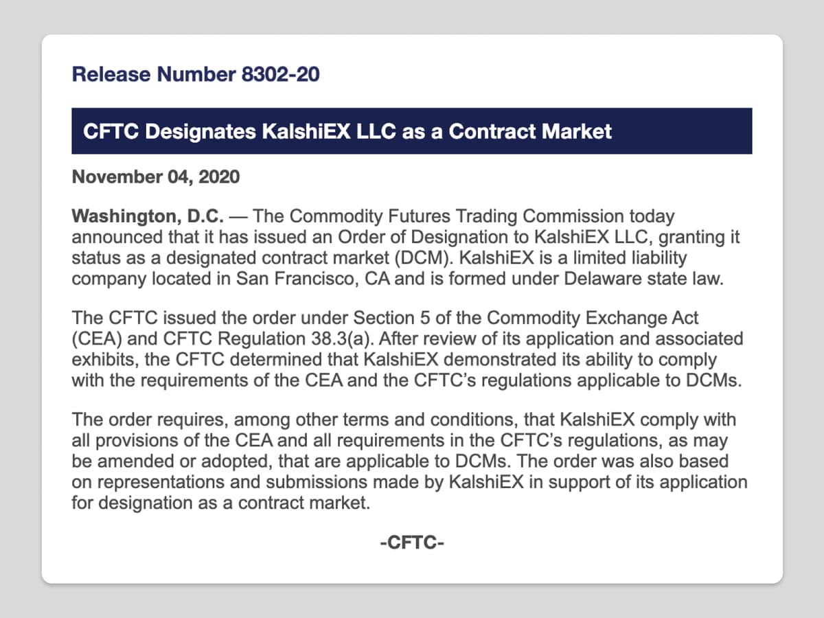 Kalshi's DCM announcement, Source: CFTC