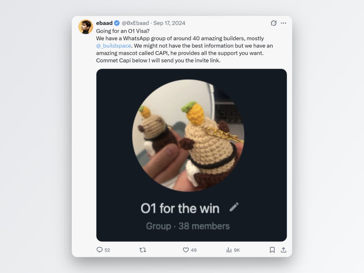 O-1 visa group chat that later became Capi House, source: Ebaad X