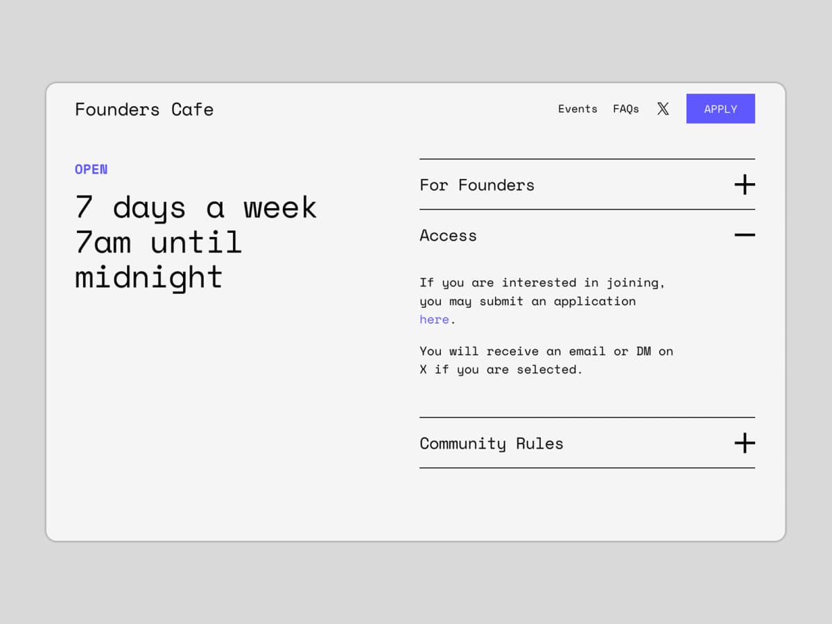 Founders Cafe's application page. Source: Founders Cafe website.
