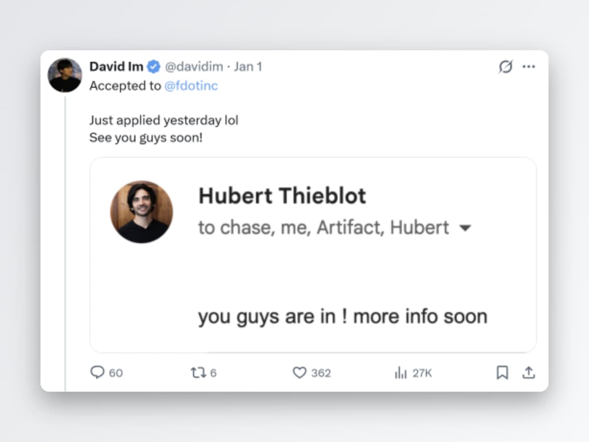 David's X post about getting accepted to Founders Inc. Source: @davidim on X.