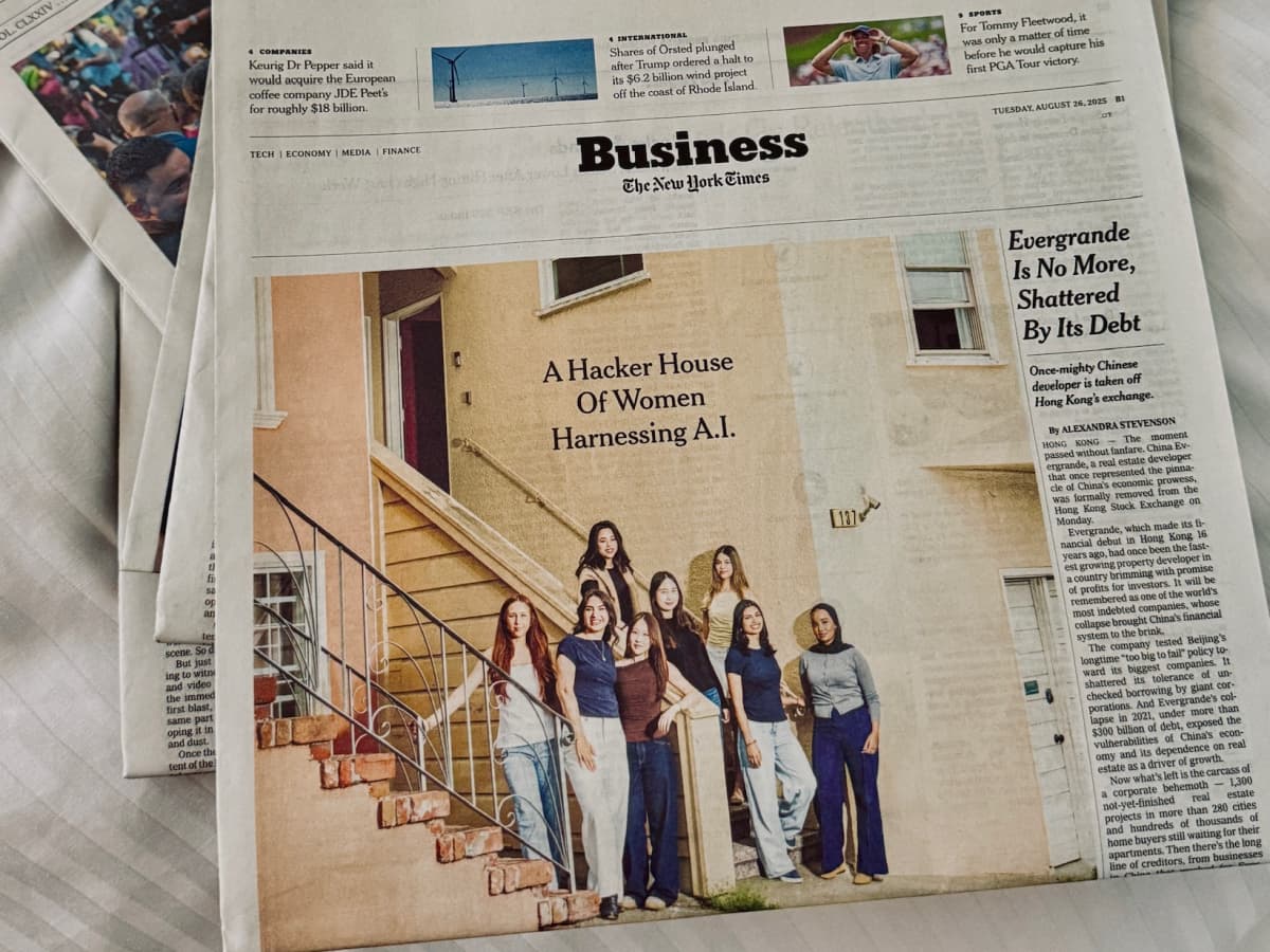 Copies of the August 26, 2025 print edition of The New York Times. Courtesy of FoundHer House.