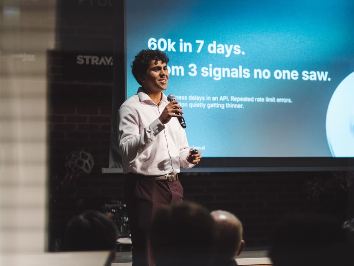 Pavan pitching during Jackson Square Ventures demoday. Courtesy of Pavan.