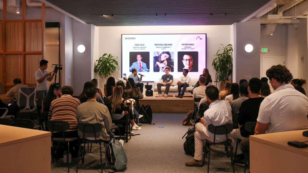 Peter Yang, Viraj Ala, and Brooke LeBlanc on stage for the first session, Photo by EO