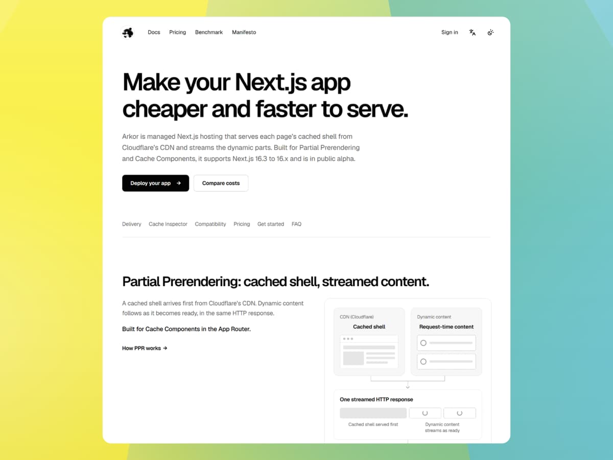 Arkor's homepage after the pivot to managed Next.js hosting. Courtesy of Arkor.