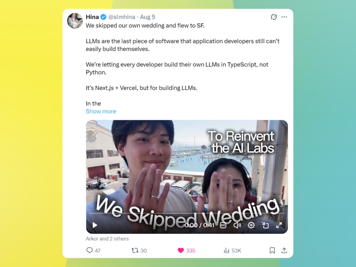 Hina's post announcing that she and Taro skipped their wedding to come to San Francisco. Source: X.