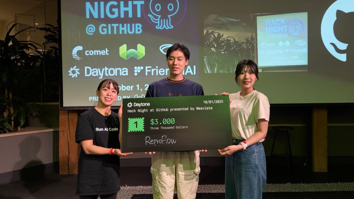 Hina and Taro winning first place at a hackathon. Courtesy of Arkor.