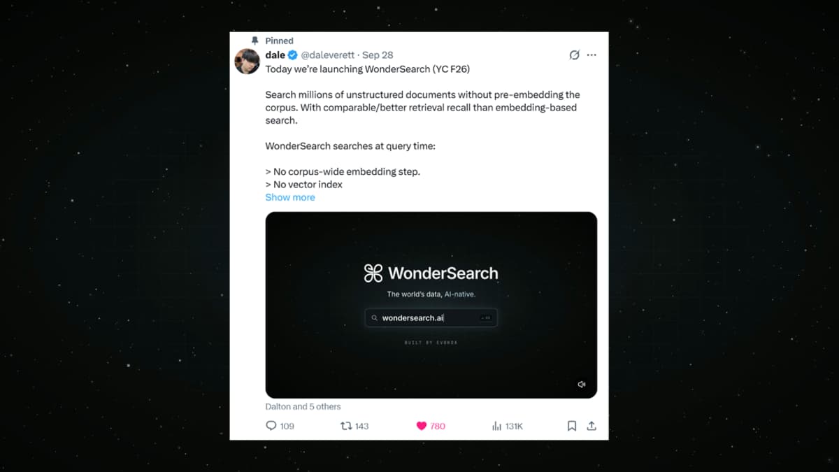 Dale's WonderSearch launch post on X, Sep 28, 2026. It drew 131K impressions. Source: X.