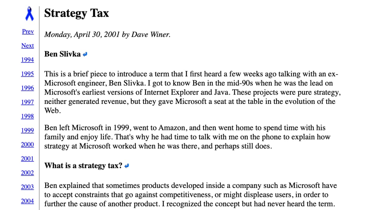 An excerpt from Dave Winer's 2001 essay on the strategy tax. Source: Scripting News.