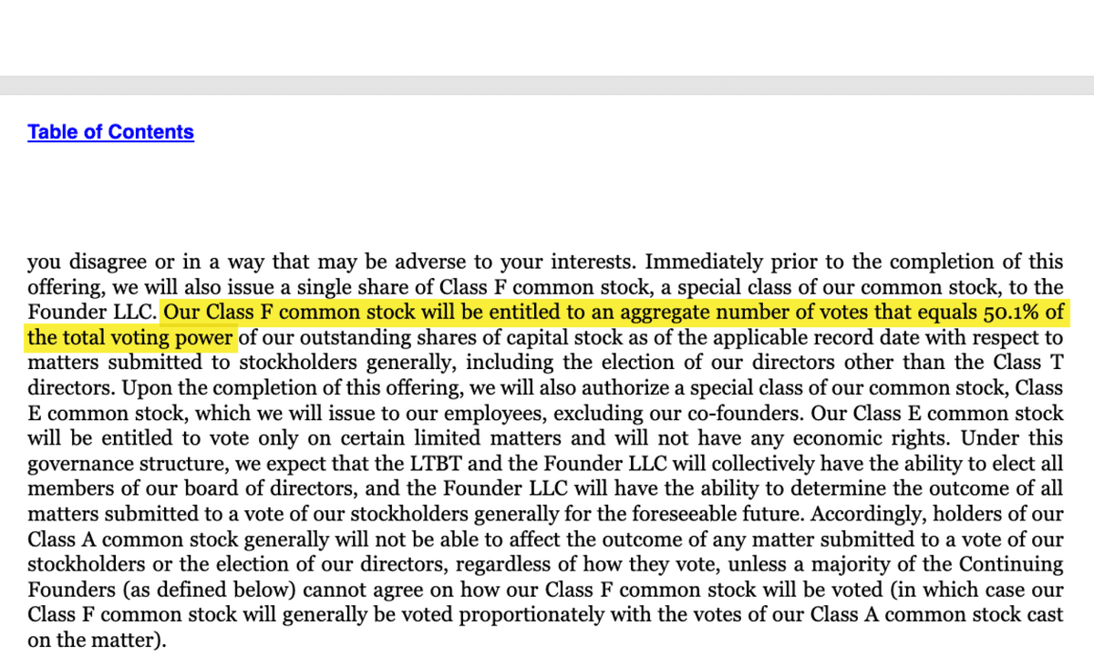 Anthropic's S-1 on its governance structure, with the Class F 50.1% voting passage highlighted. Source: Anthropic S-1.